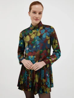 Camouflage-print satin shirt dress