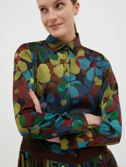 Camouflage-print satin shirt dress