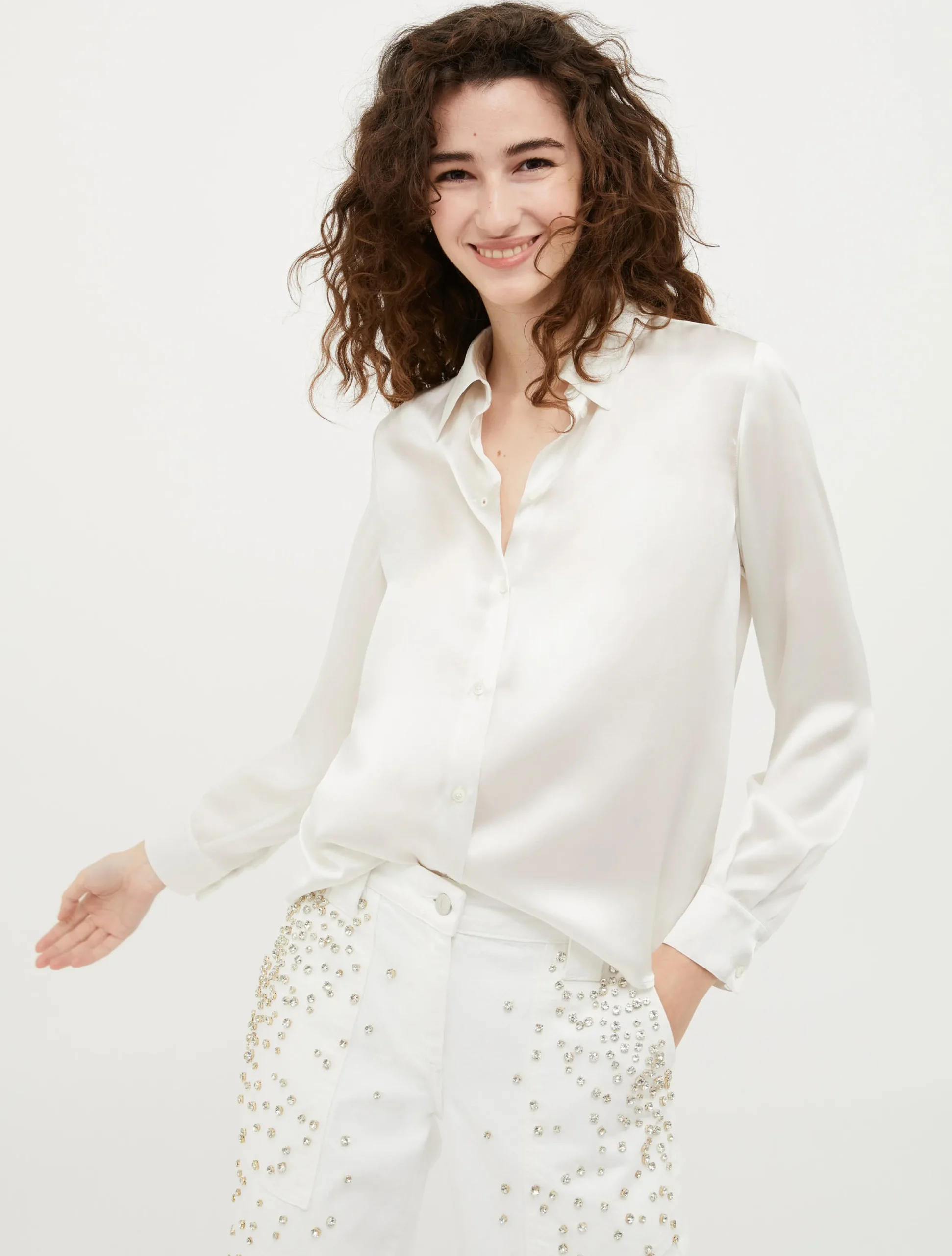 Long-sleeved silk-satin shirt