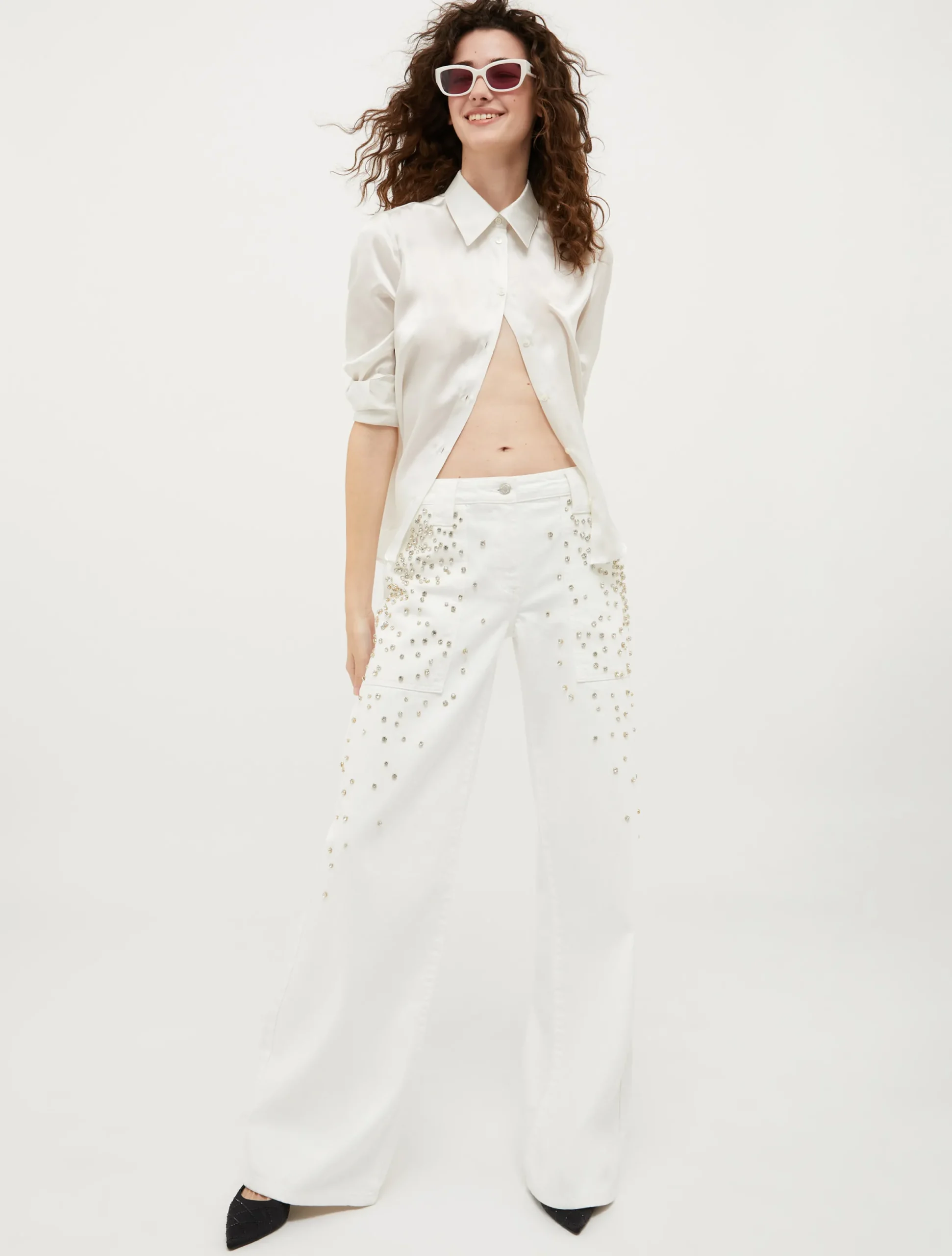 Long-sleeved silk-satin shirt