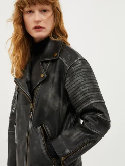 Oversized aged-leather biker jacket