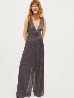 Pleated metallic jersey-tulle jumpsuit