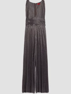 Pleated metallic jersey-tulle jumpsuit