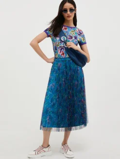 Pleated tulle-jersey midi skirt