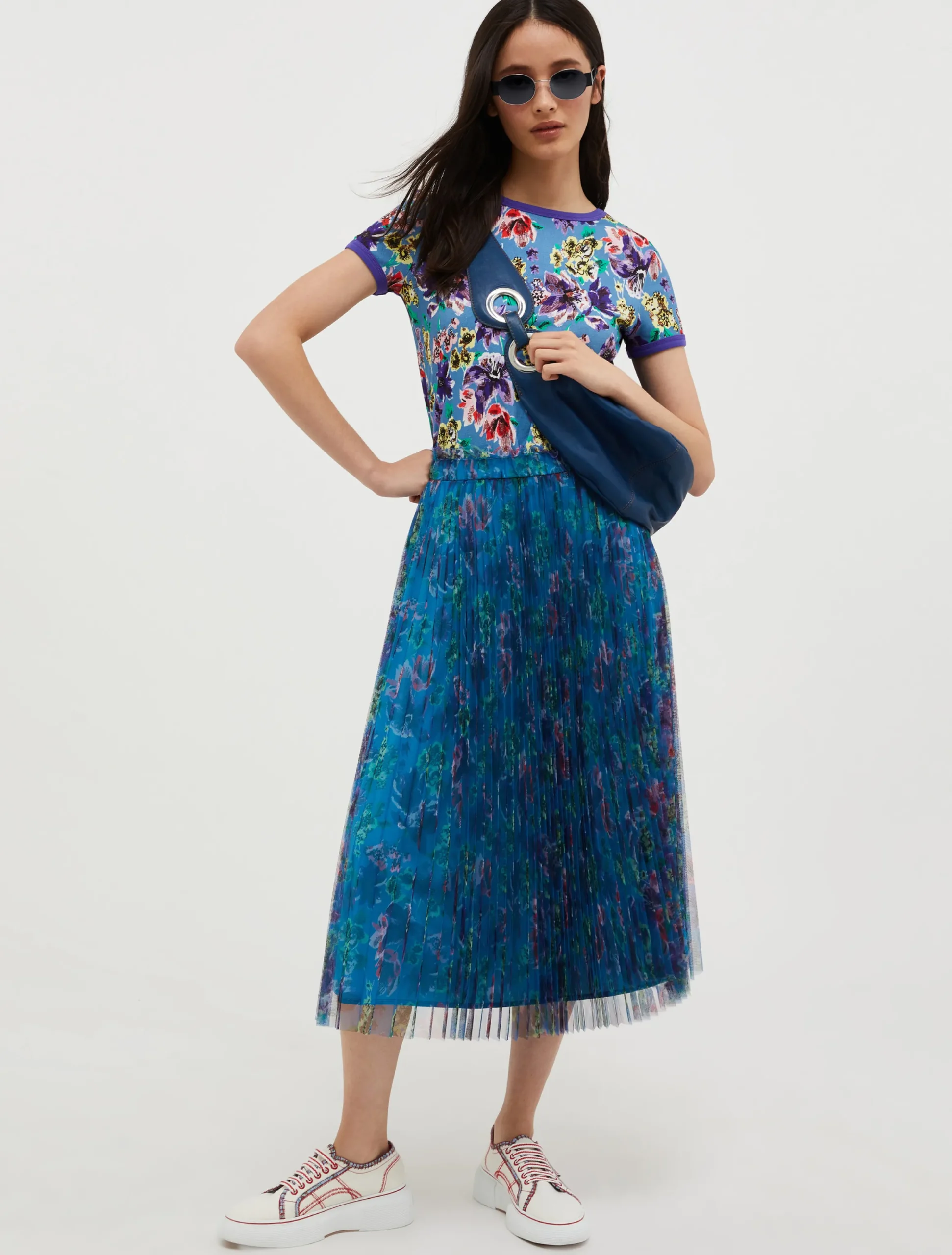 Pleated tulle-jersey midi skirt