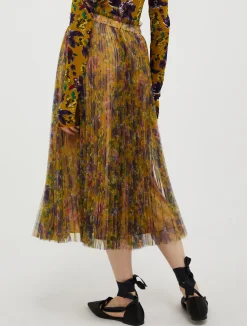Pleated tulle-jersey midi skirt