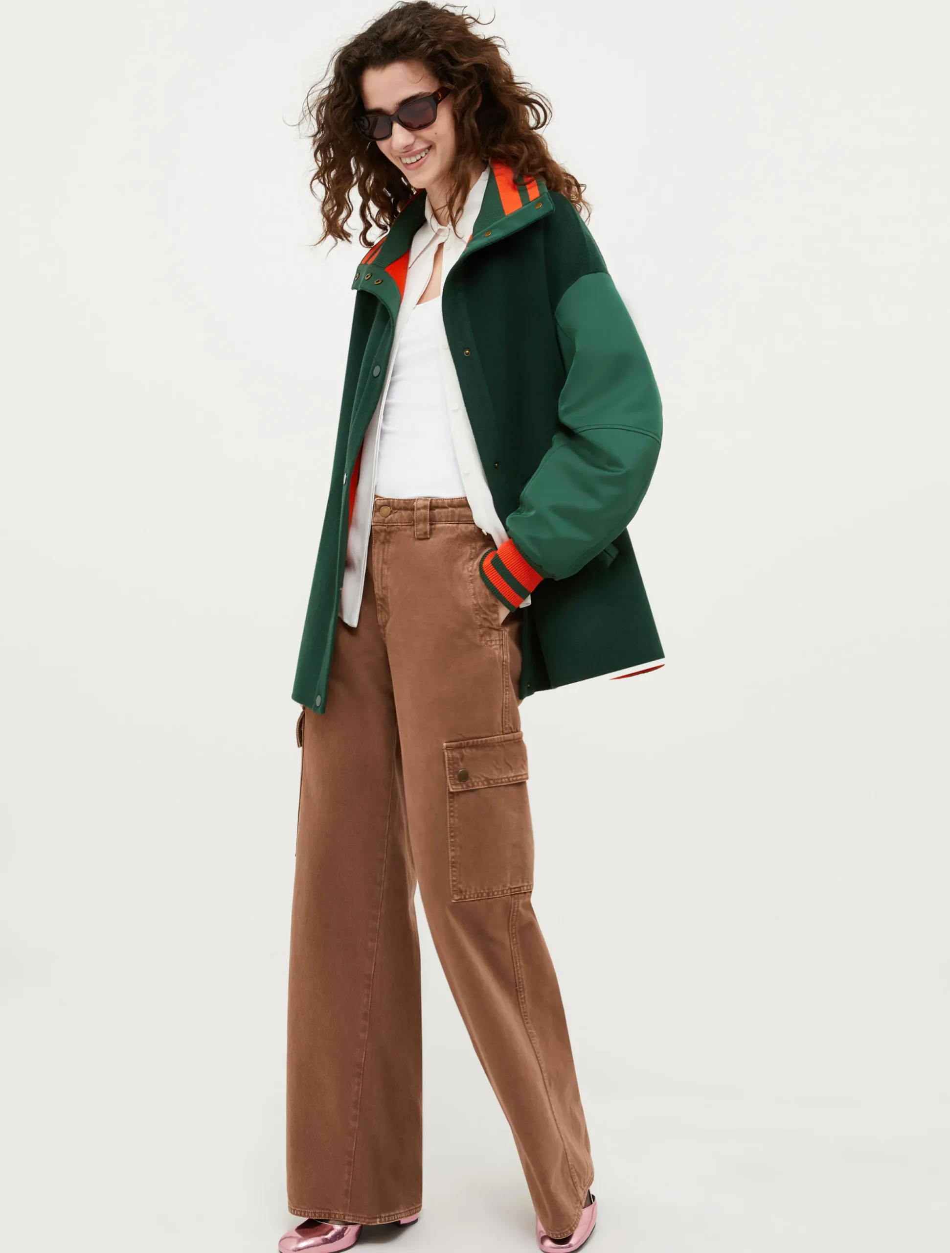 Wool and satin maxi bomber jacket